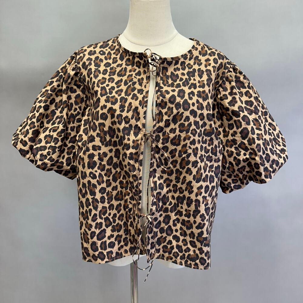 Abercrombie & Fitch Short-Sleeve Tie-Front Top Leopard Print Size Large NWT